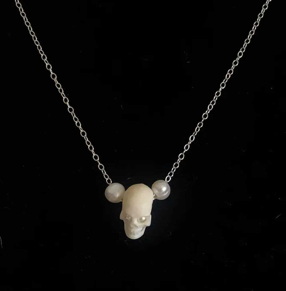 Carved Skull, cultured Pearl sterling necklace - image 2