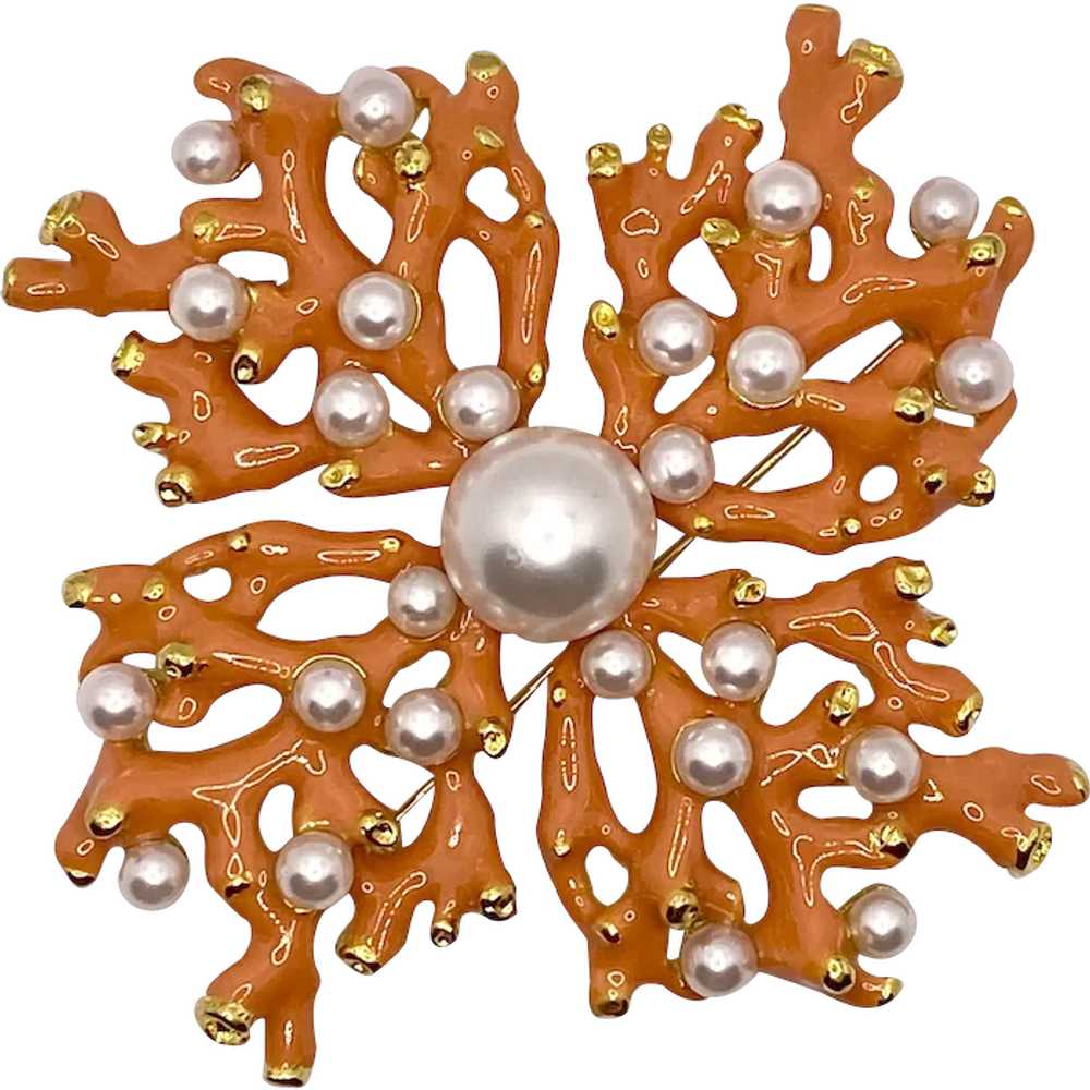 Gorgeous KJL Coral Faux Pearl Brooch - image 1
