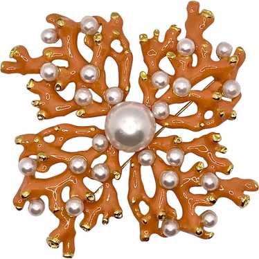 Gorgeous KJL Coral Faux Pearl Brooch - image 1