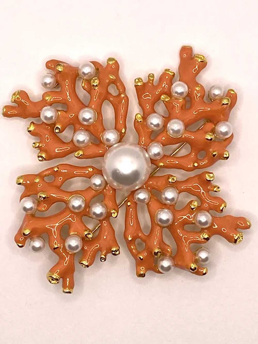 Gorgeous KJL Coral Faux Pearl Brooch - image 2