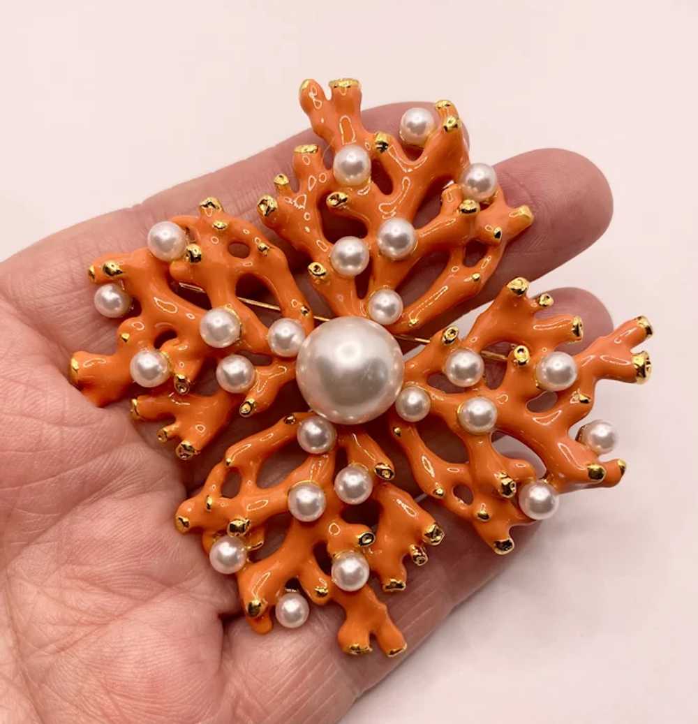 Gorgeous KJL Coral Faux Pearl Brooch - image 5