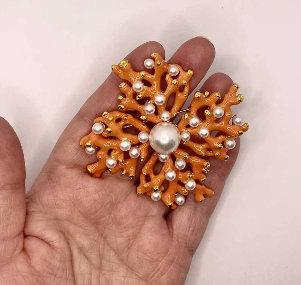 Gorgeous KJL Coral Faux Pearl Brooch - image 6