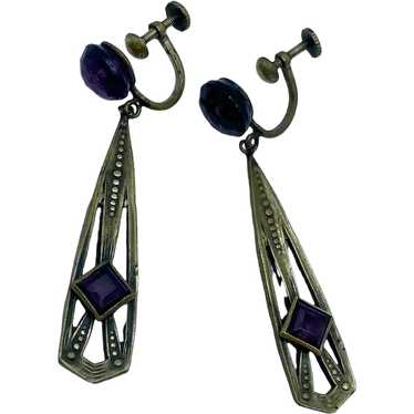 Art Deco Purple Faux Amethyst Dangle Earrings - image 1
