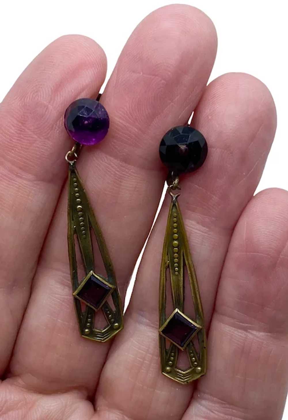 Art Deco Purple Faux Amethyst Dangle Earrings - image 5