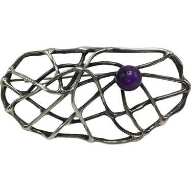 Abstract Sterling “Spider Web” Brooch With Amethys