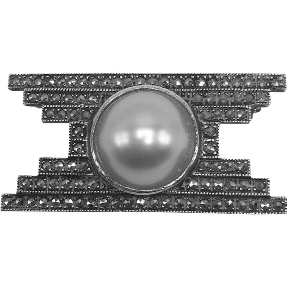 Judith Jack Sterling Deco Brooch with Marcasites … - image 1