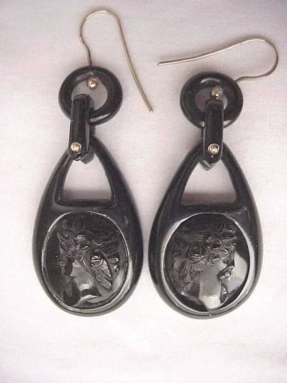 Whitby Jet Cameo Earrings - C. 1875 - image 2