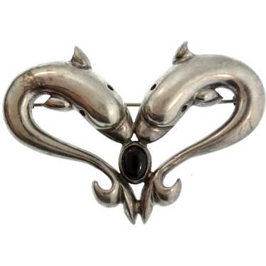 Vintage Sterling & Onyx Double Fish Heart Modernis