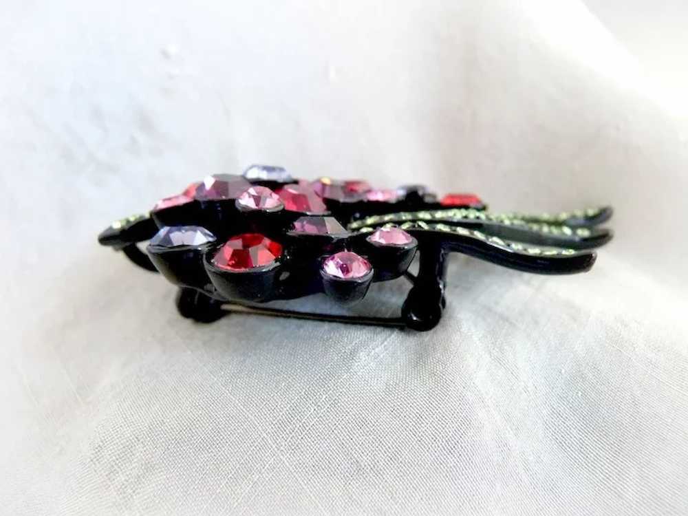 Vintage brooch pendant black enamel pink rhinesto… - image 4