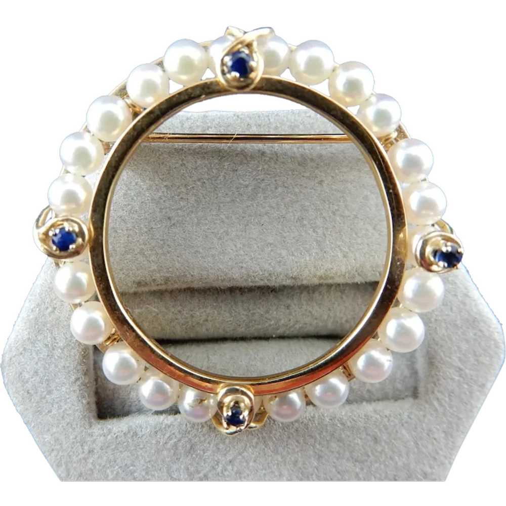 14 Karat Pearl and Sapphire Circle Pin - image 1