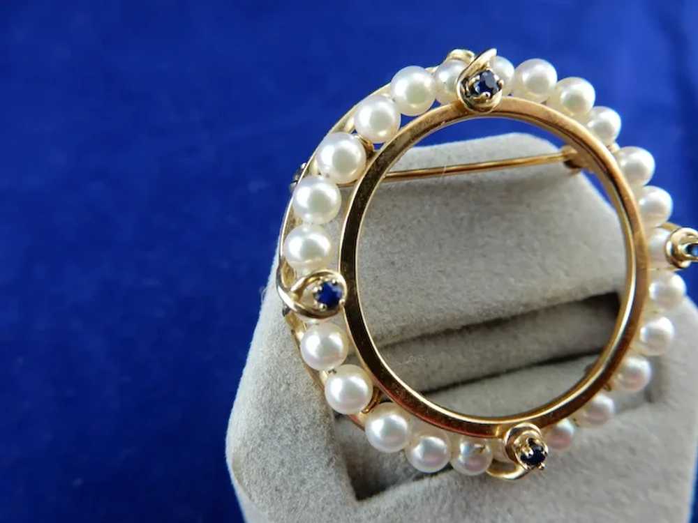 14 Karat Pearl and Sapphire Circle Pin - image 2