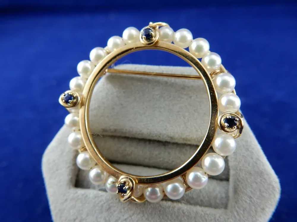 14 Karat Pearl and Sapphire Circle Pin - image 3