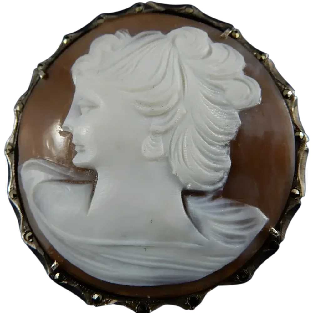 800 Silver, Marcasite, and Natural Cameo Brooch - Gem