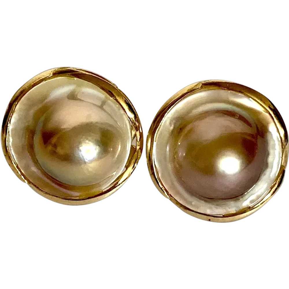 14k Iridescent Cultured Blister Pearl Earrings - image 1