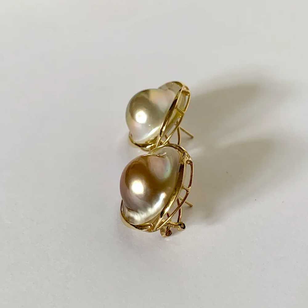 14k Iridescent Cultured Blister Pearl Earrings - image 2