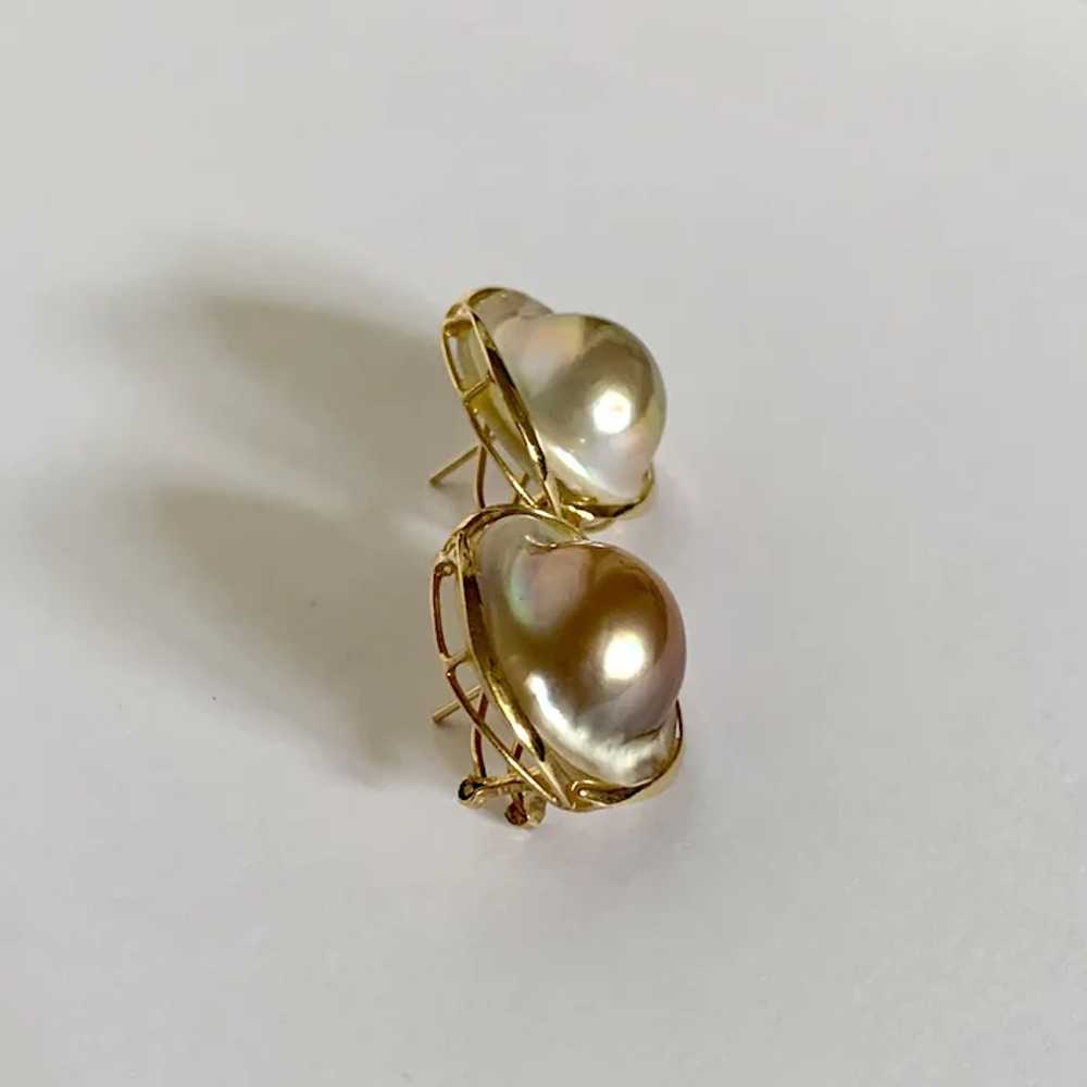14k Iridescent Cultured Blister Pearl Earrings - image 3