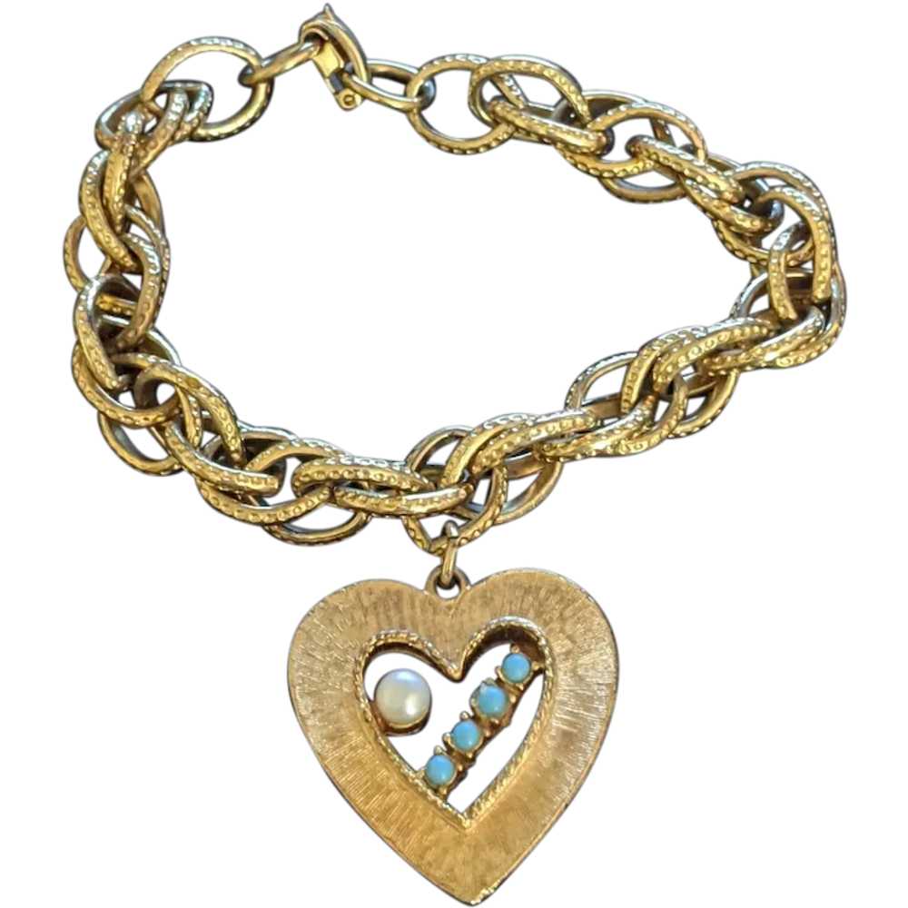 Vintage Fancy Link Heart Charm Bracelet - image 1