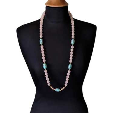 Rose Quartz Chinese Enameling Necklace - image 1