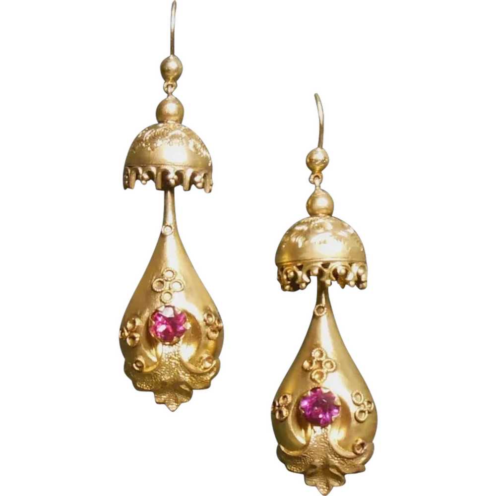 Antique G/F & Pink Stone Bomb Drop Earrings - image 1