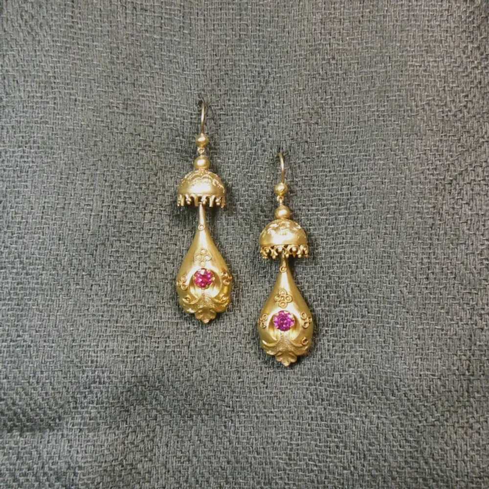 Antique G/F & Pink Stone Bomb Drop Earrings - image 2