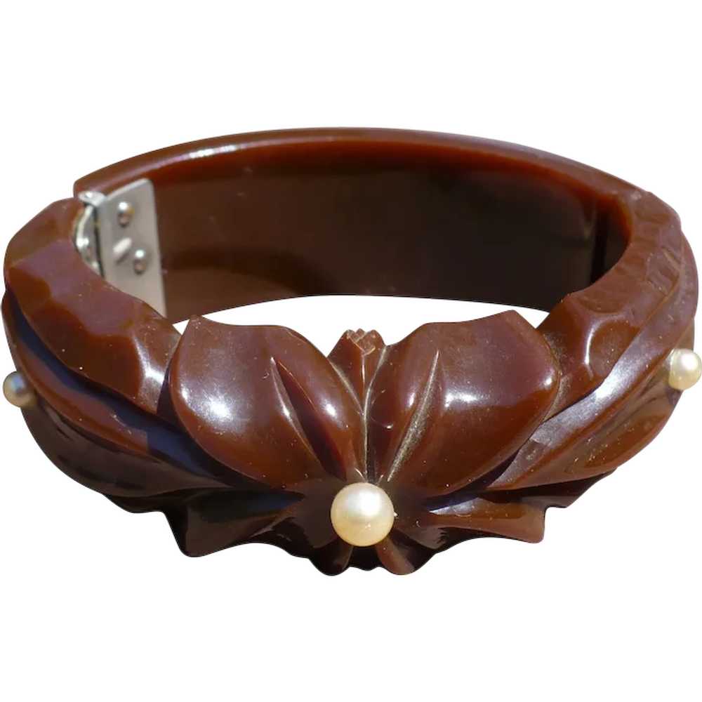 Floral Carved Hinge Bakelite Bracelet - image 1