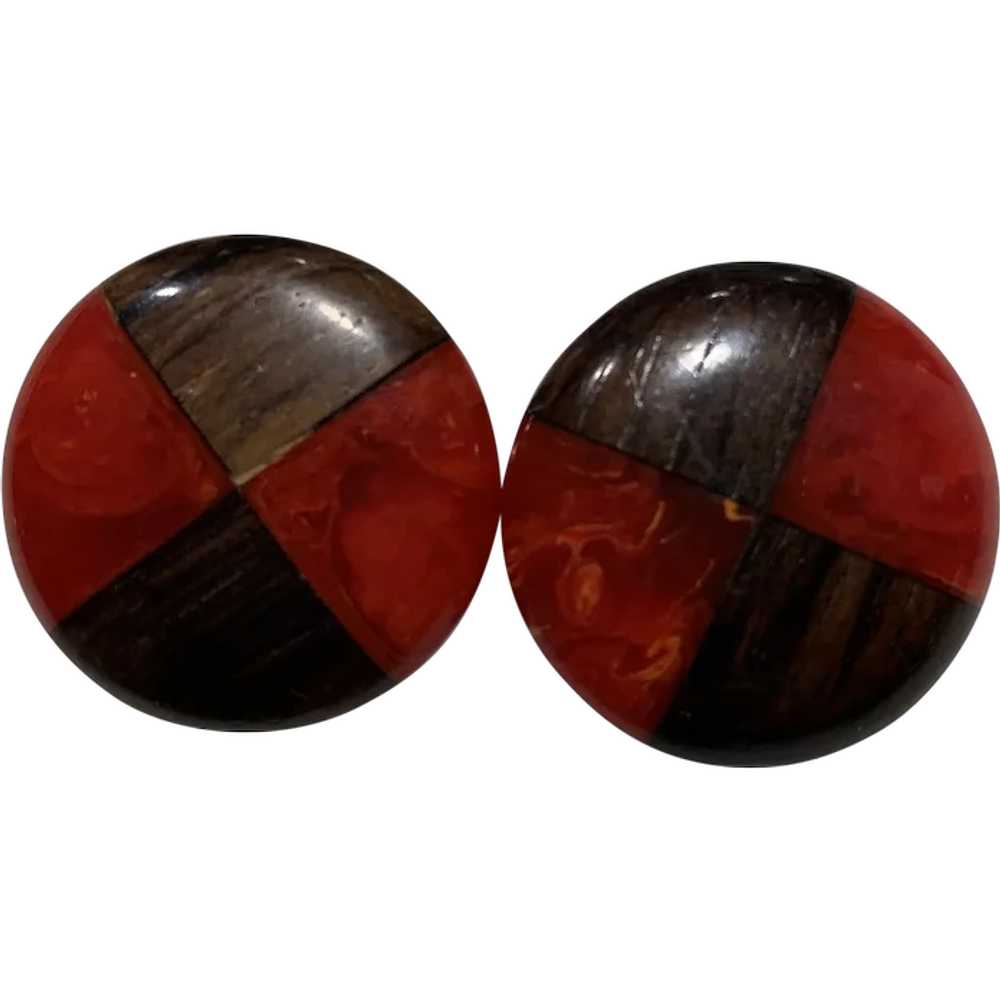 Red Bakelite Wood Clip Earrings - image 1