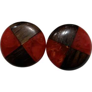 Red Bakelite Wood Clip Earrings - image 1
