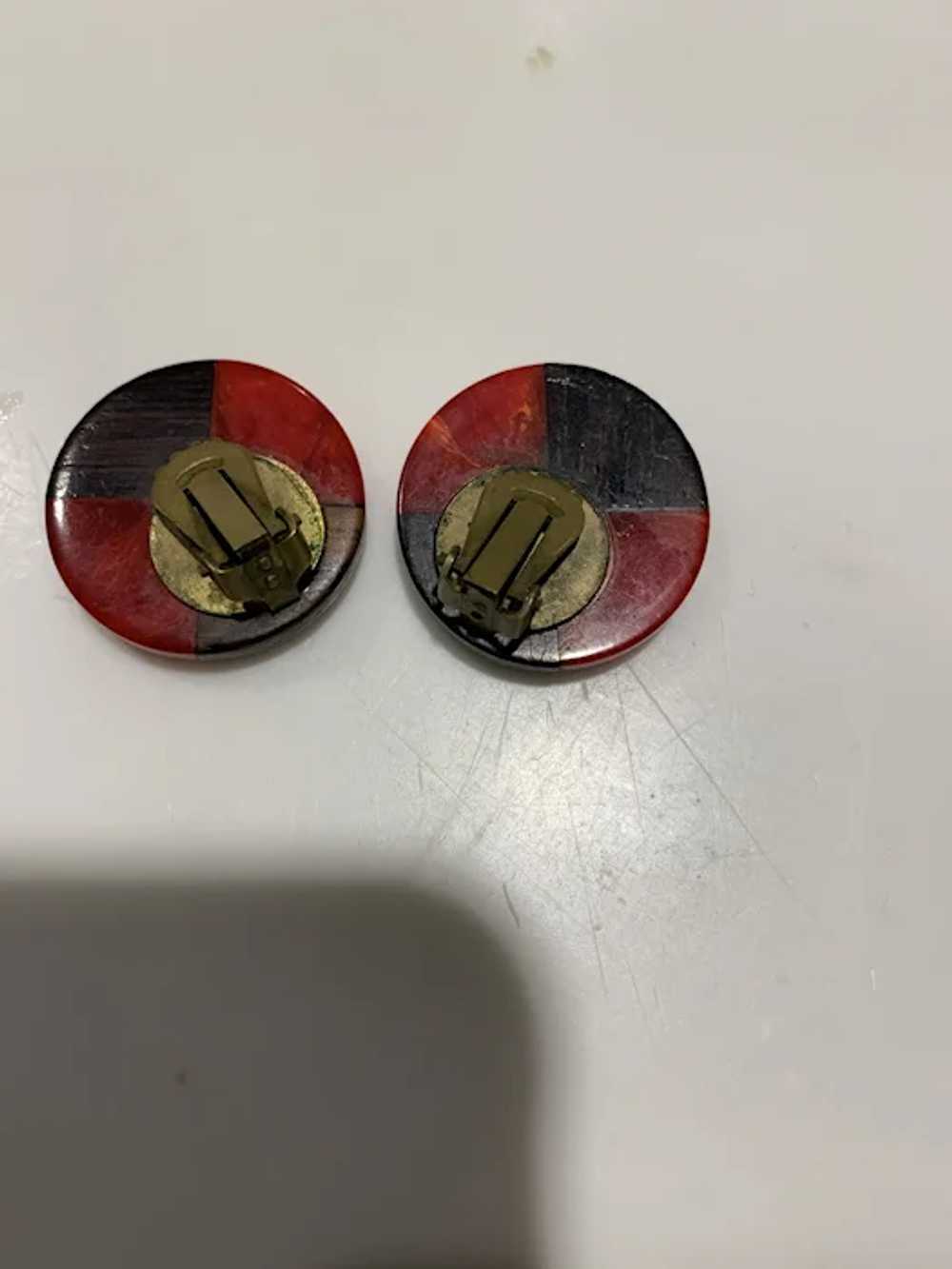 Red Bakelite Wood Clip Earrings - image 2