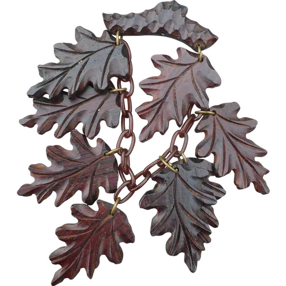 Carved Wood Dangle Leaf Pin - image 1