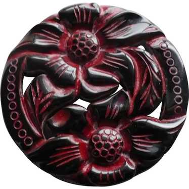 Carved Black Bakelite Floral Pin