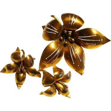 Brass Flower Pin & Earrings - image 1