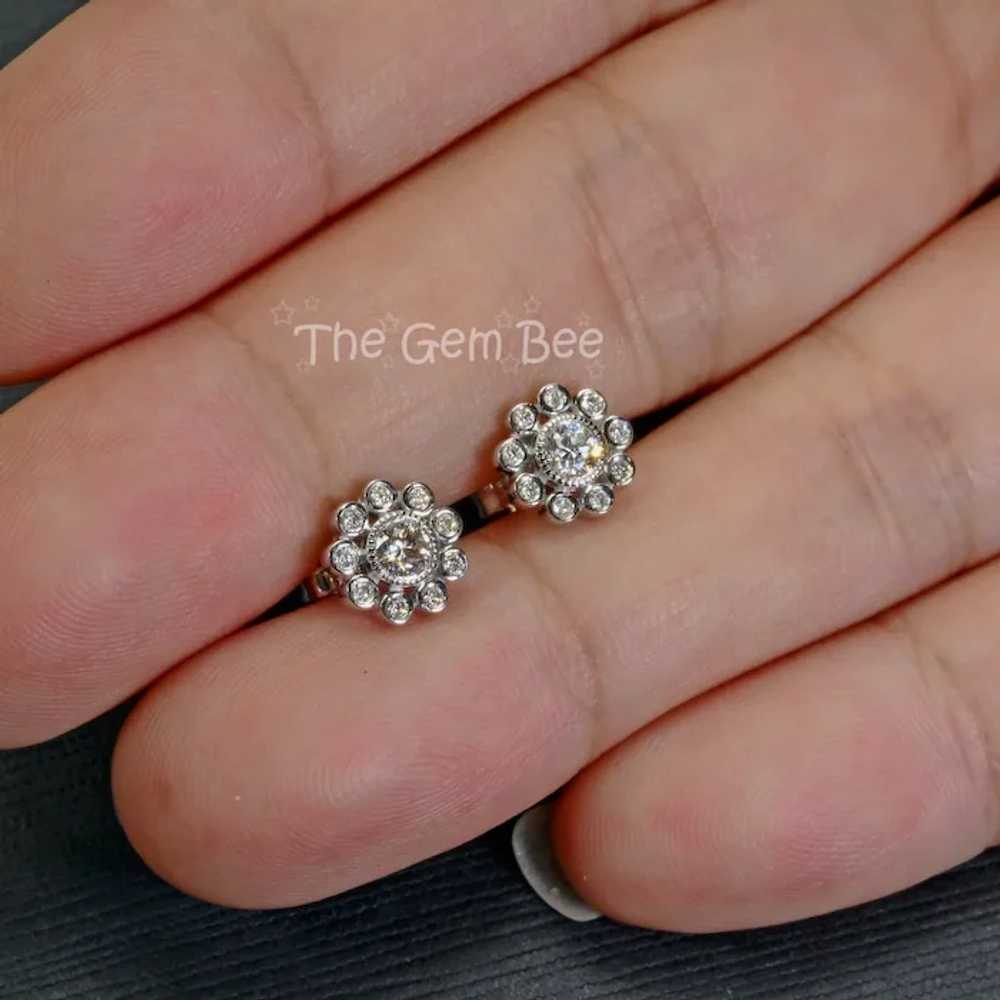 14k Solid White Gold Diamond Flower Ear Studs Pos… - image 3