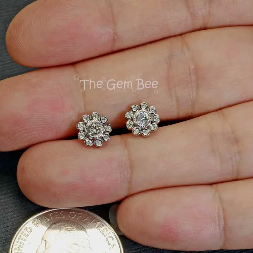 14k Solid White Gold Diamond Flower Ear Studs Pos… - image 5