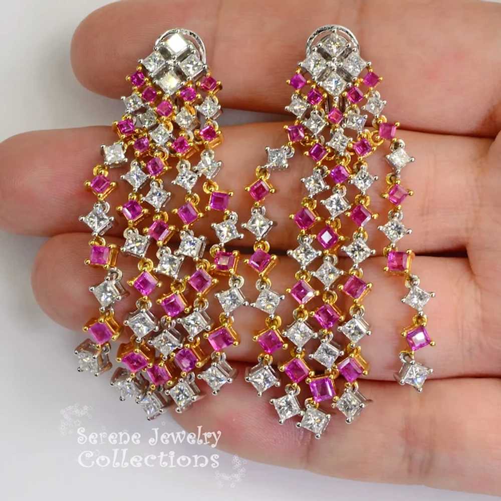 Diamond Pink Sapphire 18k Solid Gold Earrings Vin… - image 6