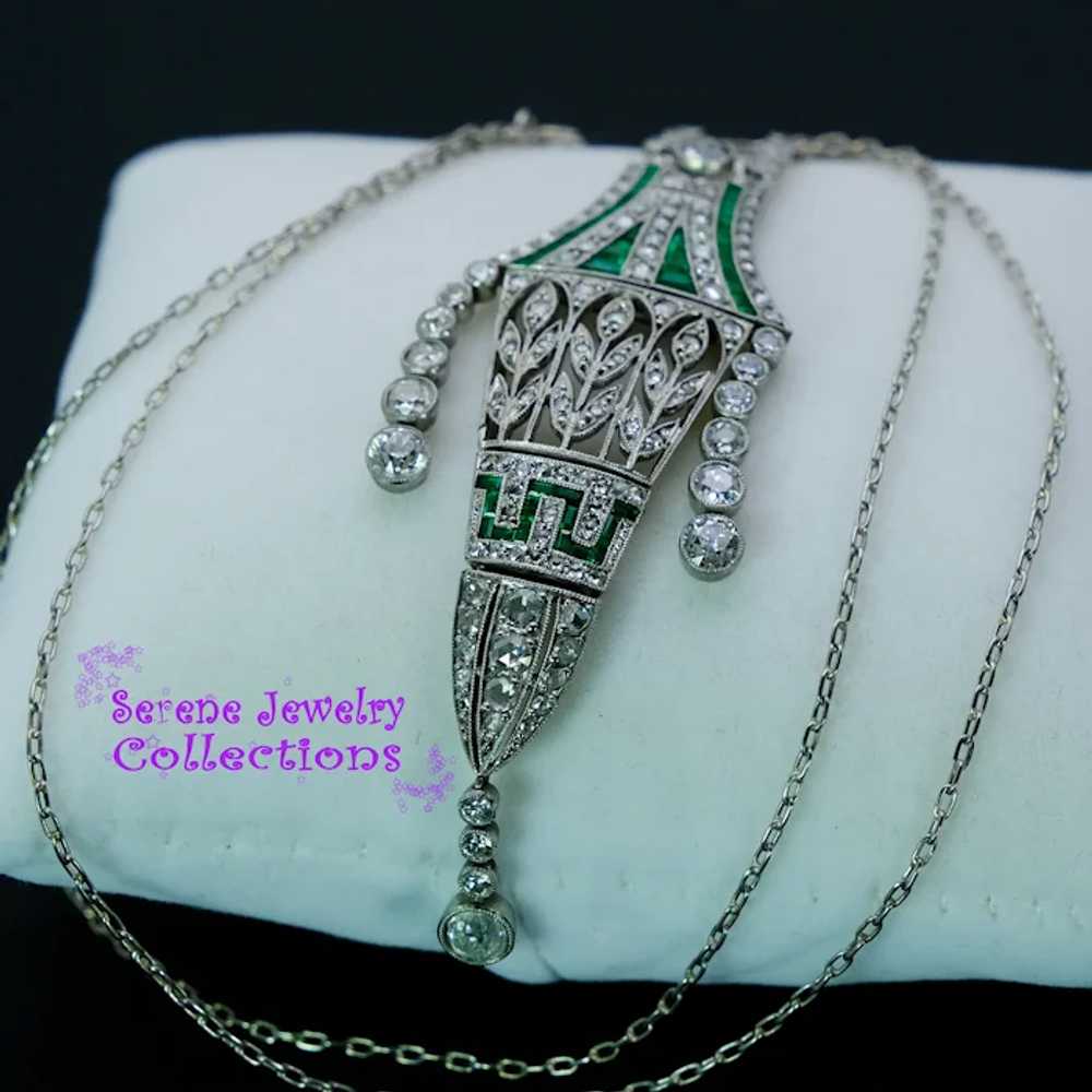 Antique Edwardian Diamond Emerald Filigree Platin… - image 4