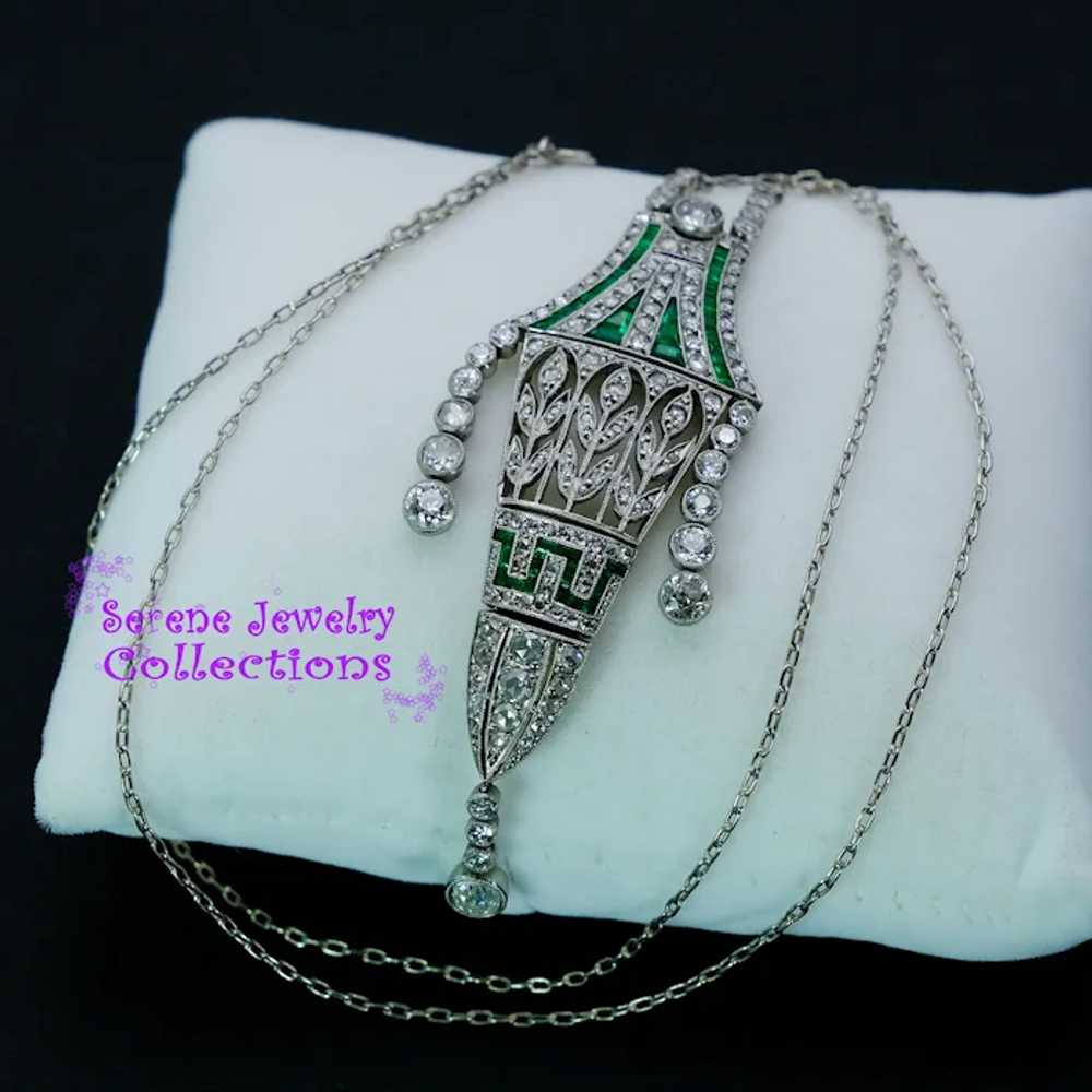 Antique Edwardian Diamond Emerald Filigree Platin… - image 5