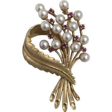Vintage Ruby and Pearl 14K gold  Brooch - image 1
