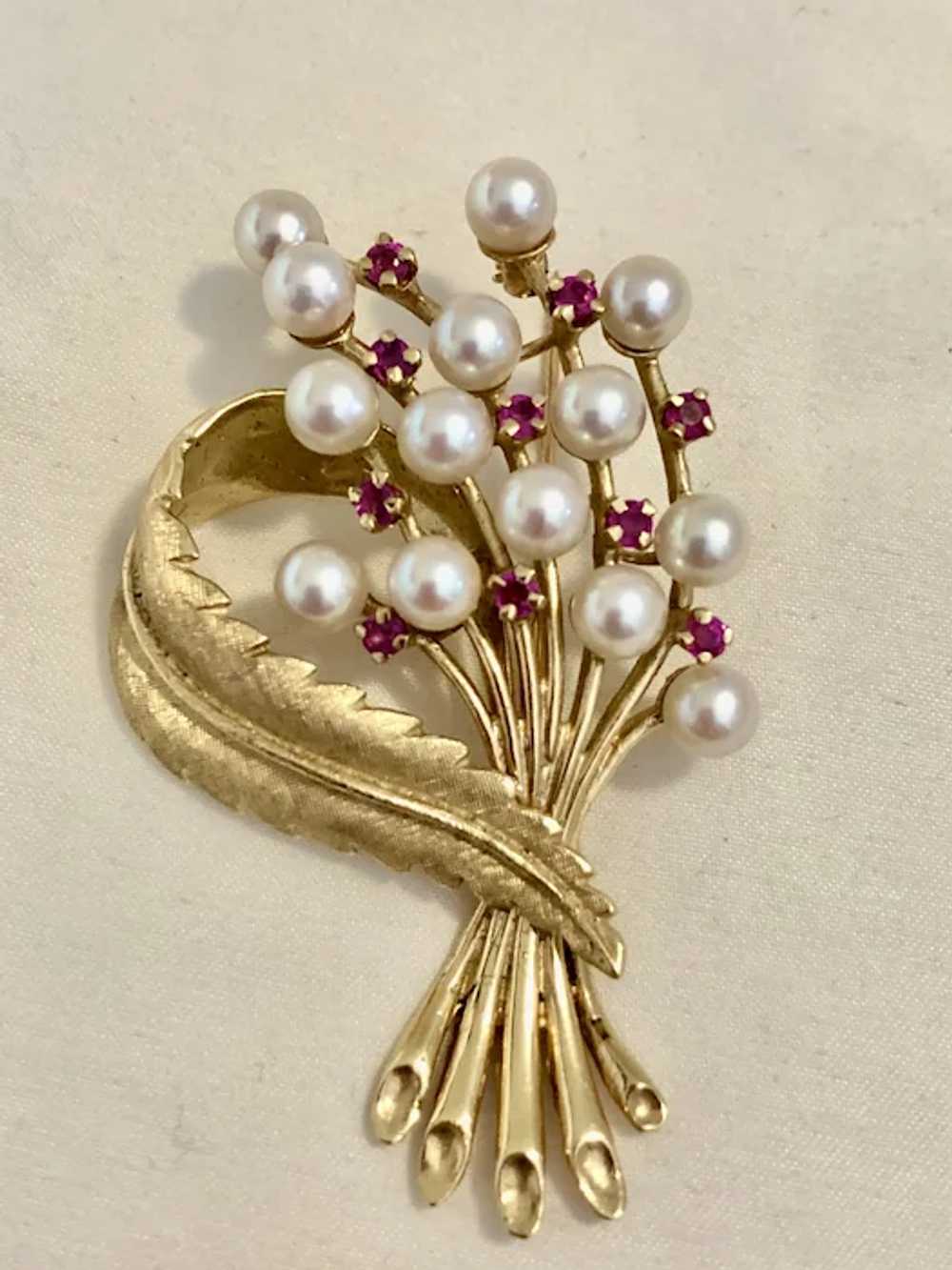Vintage Ruby and Pearl 14K gold  Brooch - image 2