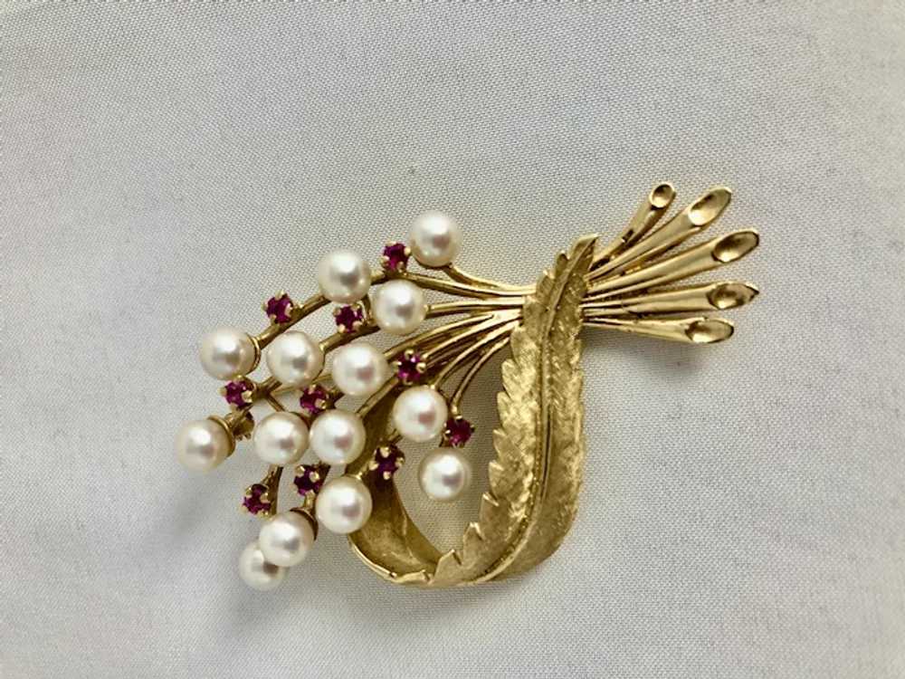 Vintage Ruby and Pearl 14K gold  Brooch - image 3