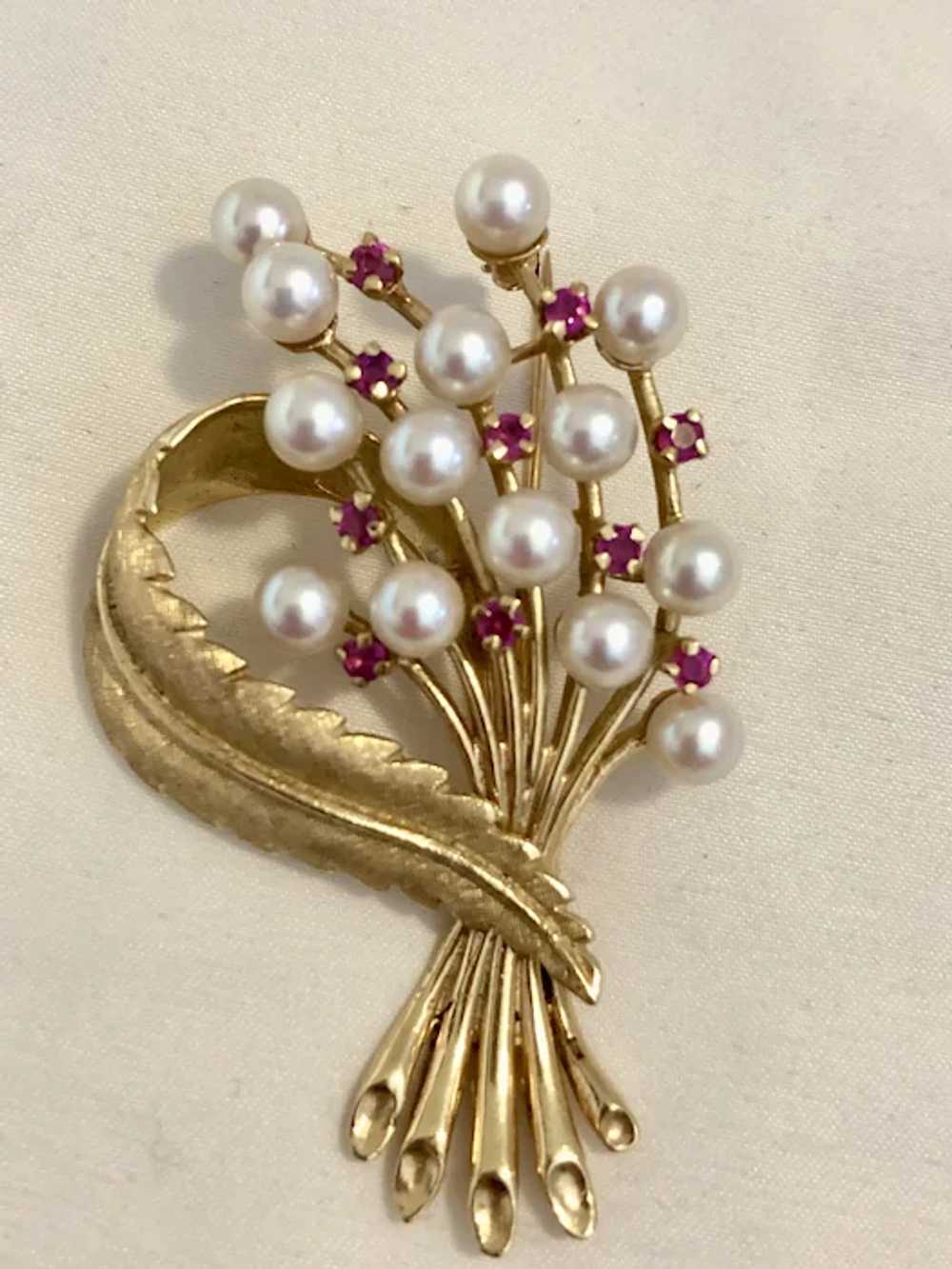 Vintage Ruby and Pearl 14K gold  Brooch - image 4
