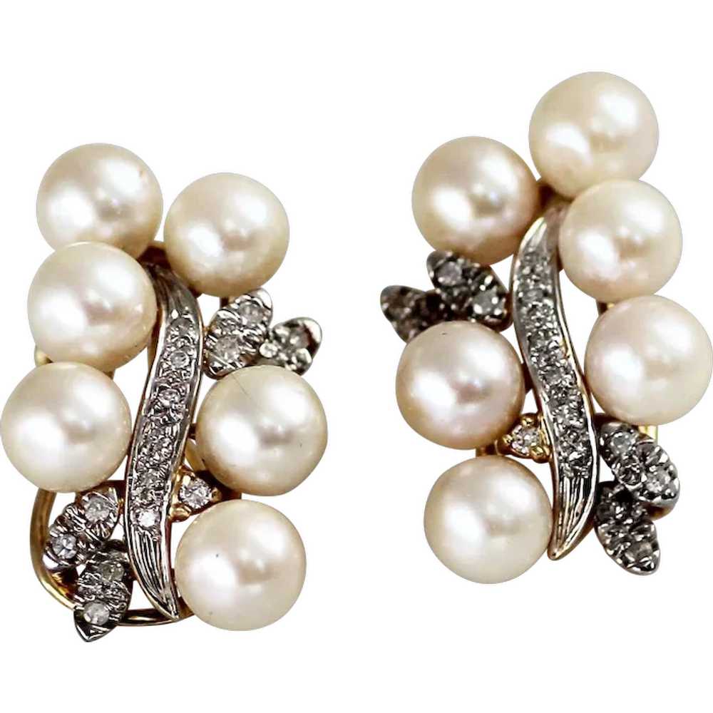 14K White Gold Pearl and Diamond Clip Earrings - image 1