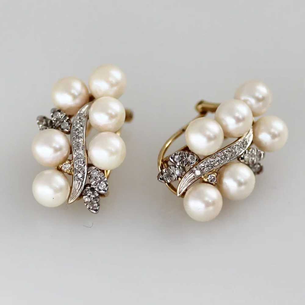 14K White Gold Pearl and Diamond Clip Earrings - image 2