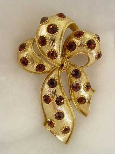 HUGE Orange/Brown Rhinestone Ribbon Bow Pin