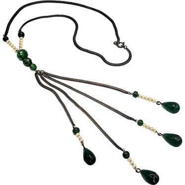 Green Glass Bead and Faux Pearl Vintage Necklace - image 1