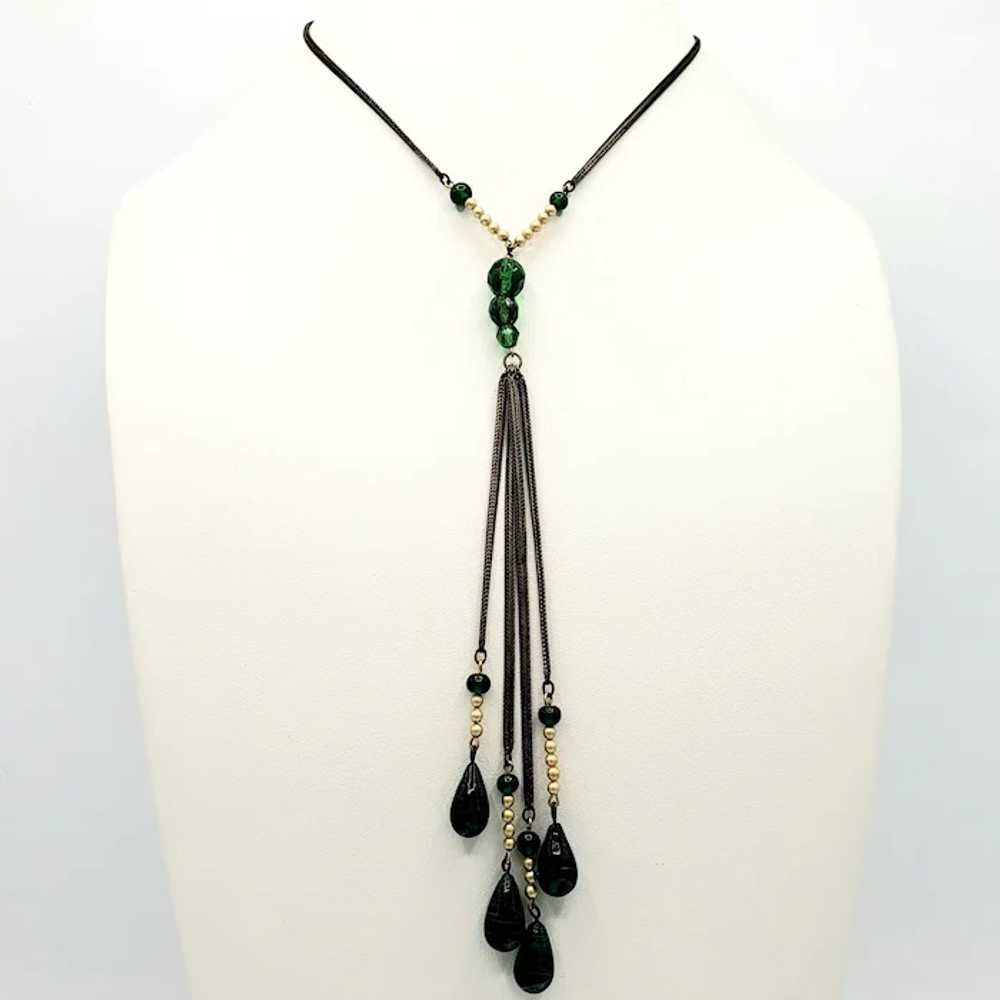 Green Glass Bead and Faux Pearl Vintage Necklace - image 5