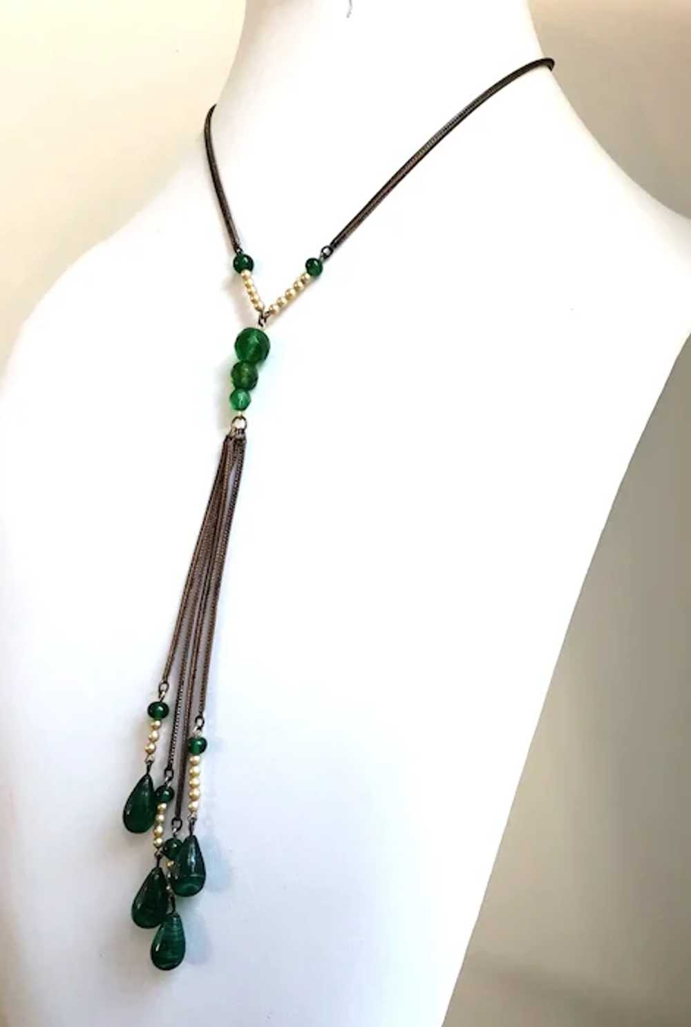 Green Glass Bead and Faux Pearl Vintage Necklace - image 8