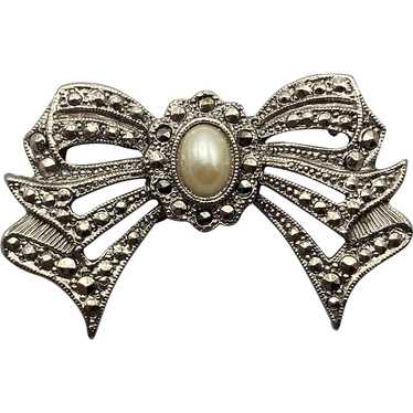 1928 Jewelry Faux Marcasite Pearl Bow Brooch - image 1