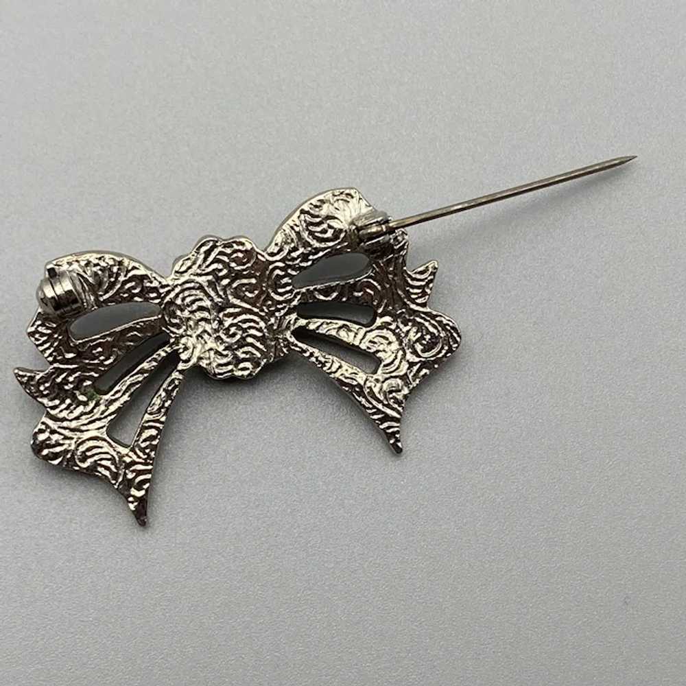 1928 Jewelry Faux Marcasite Pearl Bow Brooch - image 3