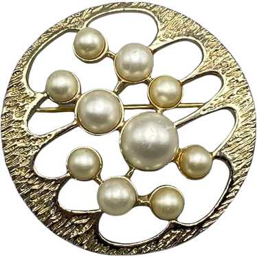 Emmons Pearly Realm Brooch 1972 Gold Tone Textured