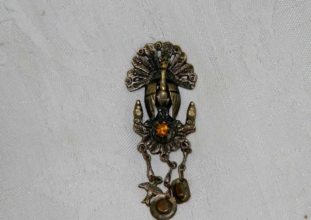 Antique Peruvian Peacock Tupo Shawl Pin Brooch w/Dangling Fish